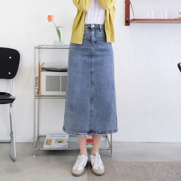 수비진 여성용 뒤 트임 스판 롱 데님 스커트 SP7130