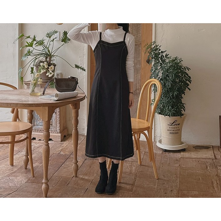 리리앤코 멜로듀이 피치기모 스티치 뷔스티에 롱 원피스 끈조절