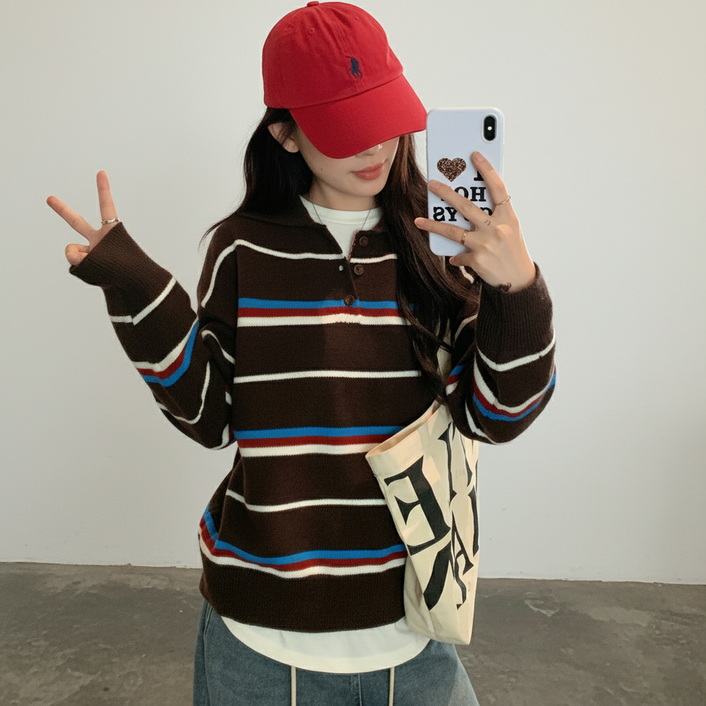 탐리프 여성 루즈핏 스트라이프 니트 카라 긴팔티 드랍숄더 꾸안꾸 데일리룩