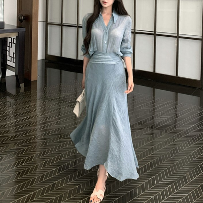 대박난박양 면마 셔츠+롱스커트 셋업
