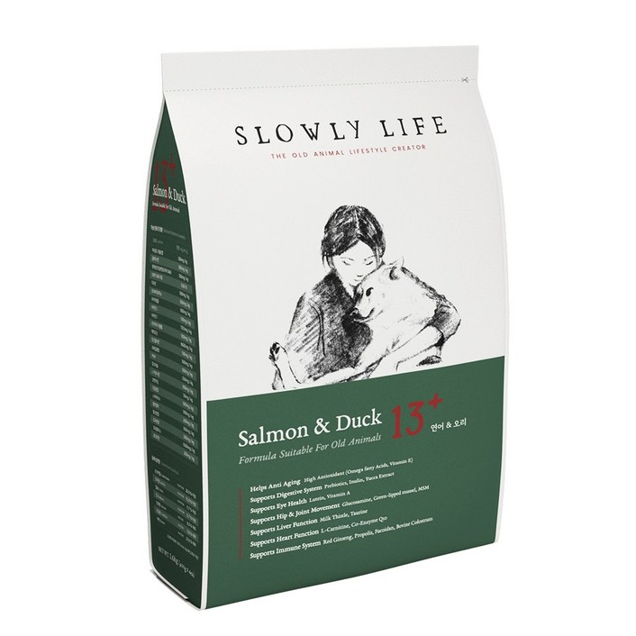 슬로울리라이프 연어 오리 7+ (7~9세) 노령견 노견 부드러운 소프트 사료, 1개, 1.6kg
