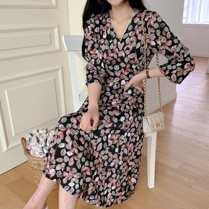프롬코 여성 봄가을 나무잎 긴팔 원피스 자체제작 FRC85