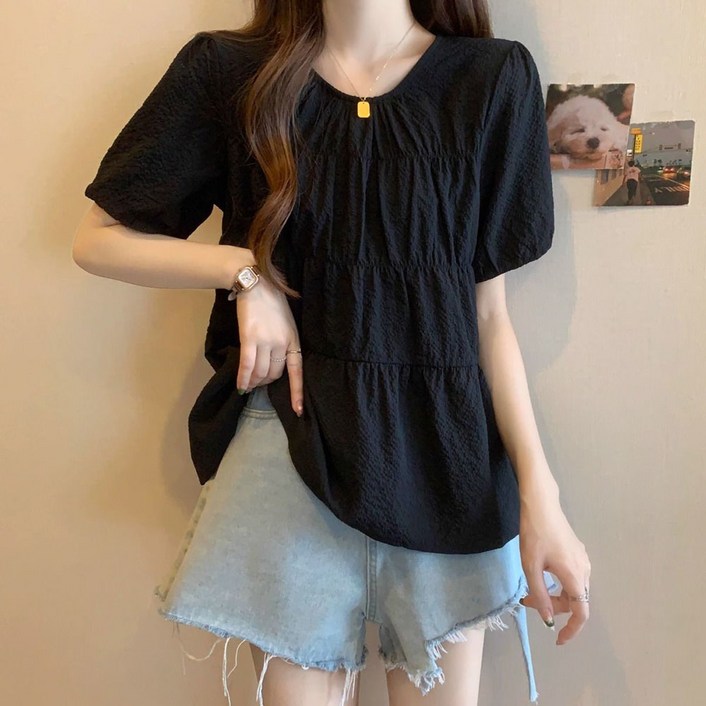 지고다그 여성 라운드 플리츠 반팔 티셔츠 여름 셔츠 블라우스 ZXC42095