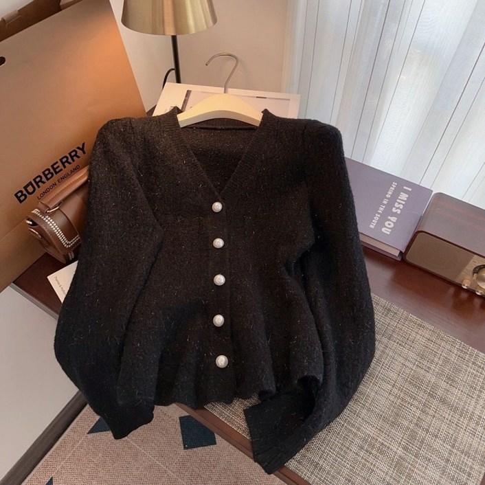 COSYEVNO 여성 가디건 가을 브이넥 빈티지 엘레강스 시크 루즈핏 캐주얼 프릴 진주 버튼 상의 CXJzzs-44