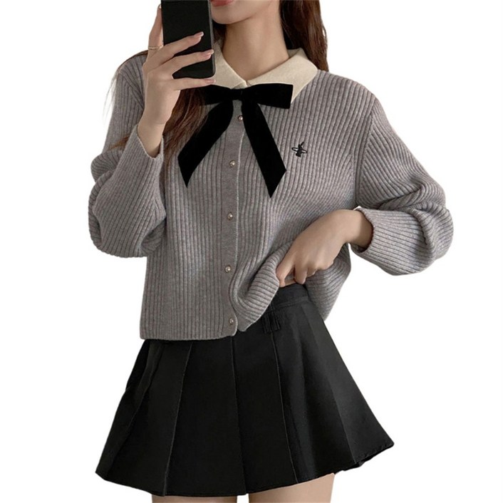 여성가디건 기본핏 카라넥 골지 니트 가디건 리본 포인트 가디건 H45109