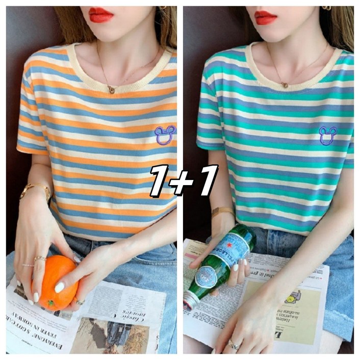 SALE-NEW 1+1 여름여성반팔티/여성티셔츠/스트라이프티셔츠/프린팅티셔츠/라운드티셔츠/여성 반팔/여성오피스룩/등산티셔츠/세미와이드/소프트 원단/S-5XL