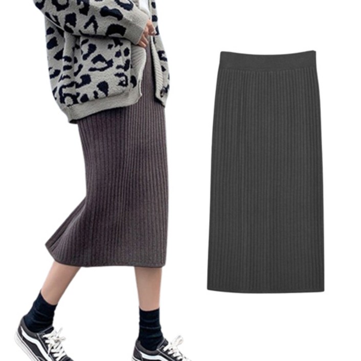 핑크셀럽 H라인 트임 골지 니트 롱 스커트