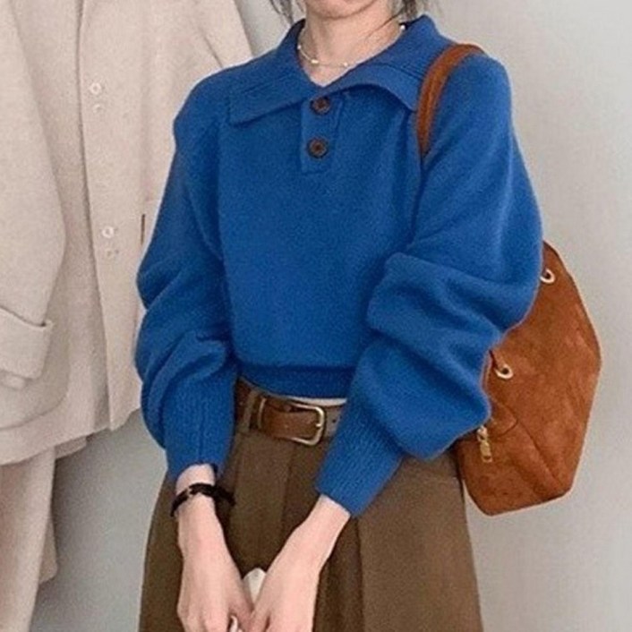 여성 포근 소프트 빅카라 단추 포인트 간절기 루즈핏 스웨터 심플 니트