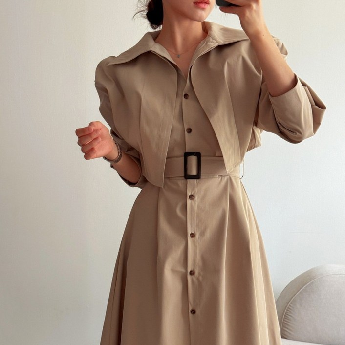 지디오 여성 트렌치 코트 원피스 케이프 하객룩 올드머니 롱 스커트 플레어 치마 봄 가을 드레스업 코디