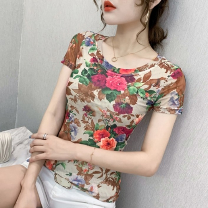 바비썬 F491 복고 플라워 라운드 여성 여름 반팔티3XL까지스판 쫀쫀한 슬림핏 반소매 티 반팔 티셔츠