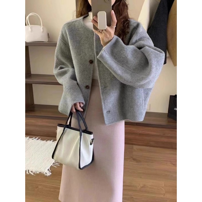 COSYEVNO 여성 리버시블 울 코트 쇼트 빅 소매 도톰 캐시미어 리버시블 롱 털 보온 코트