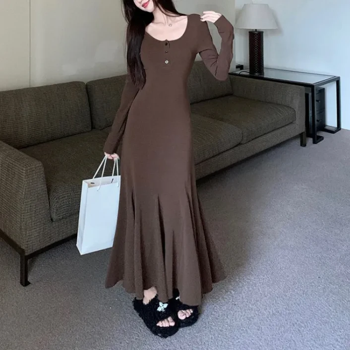 SAHINER 봄가을 여성 헨리넥 슬림 머메이드 니트 롱원피스 데일리룩 LWAQZ35