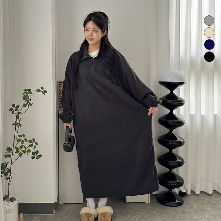 디테일웨어 여성 후리스 반집업 하이넥 빅사이즈 롱원피스 기모 도톰한 임산부 원피스 포켓포함 홈웨어 젊줌마 등원룩