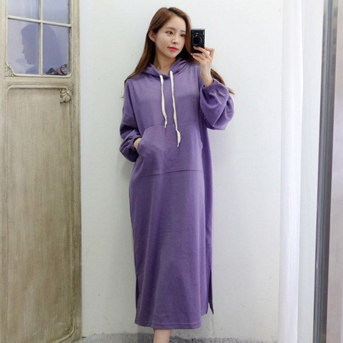 이힝 캥거루 앞포켓 루즈핏 롱 후드 원피스