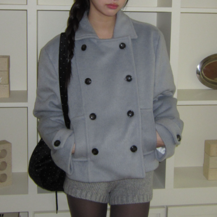 체인지쉬change she 여성 클래식 더블 단추  심플 모직 숏 코트