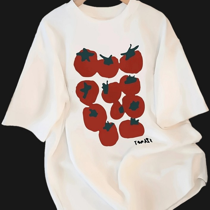 Y2K 루즈 반팔 티셔츠 토마토 프린트 감성 캐주얼 데일리 스트리트