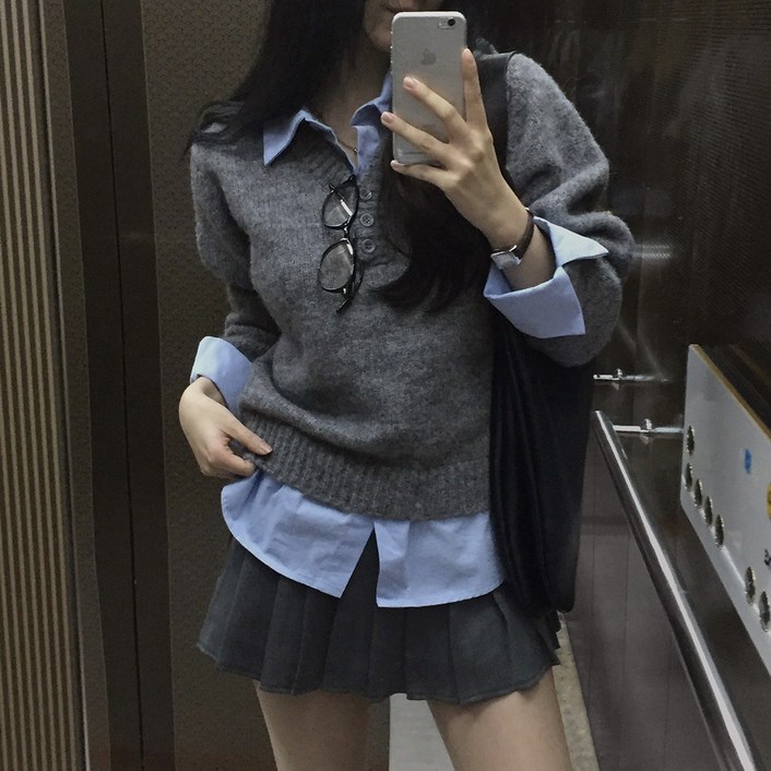 모던스튜디오 여성 깔끔핏 일체형 셔츠 레이어드 니트