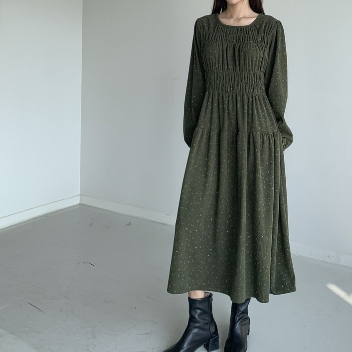 행복여 어텀 코듀로이 잔꽃 셔링 캉캉 플레어 원피스