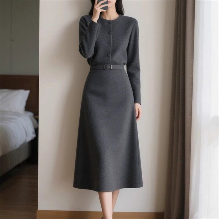 AOKADA 여성 가을 겨울 슬림핏 결혼식 하객룩 오피스룩 정장 플레어 롱 원피스