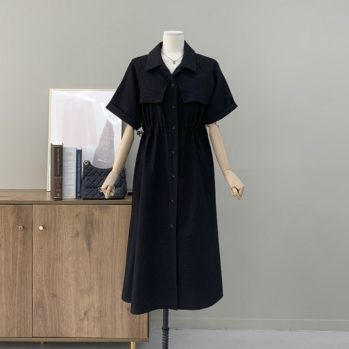 행복여 헤리스 허리 스트링 카브라 소매 셔츠 카라 원피스