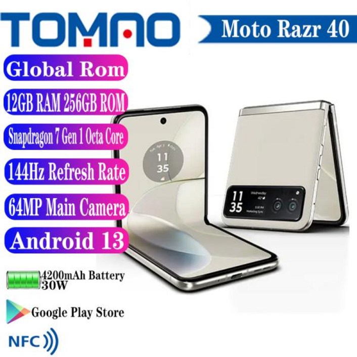 글로벌 롬 모토로라 모토 레이저 40 접이식 스크린 폰, 5G 휴대폰, 4200mAh, 30W, 스냅드래곤 7 Gen 1 옥타