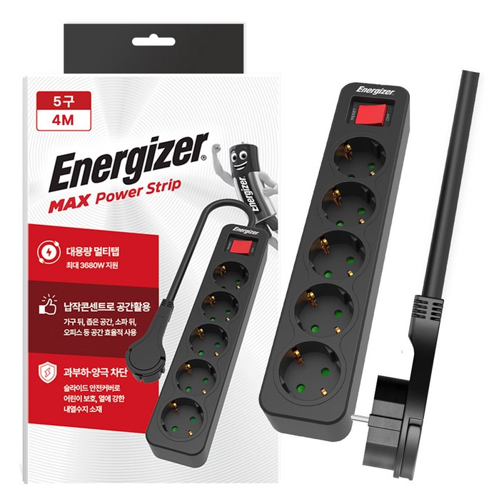 에너자이저 멀티탭 과부하차단 3680W고용량, 1개, 블랙 5구, 4m