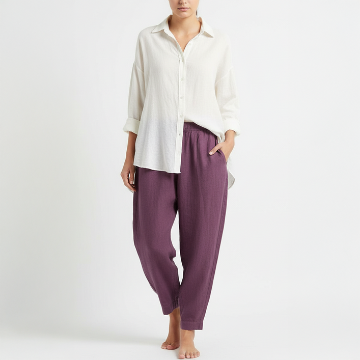 마켓피아 여성용 배기핏 밴딩 린넨 바지