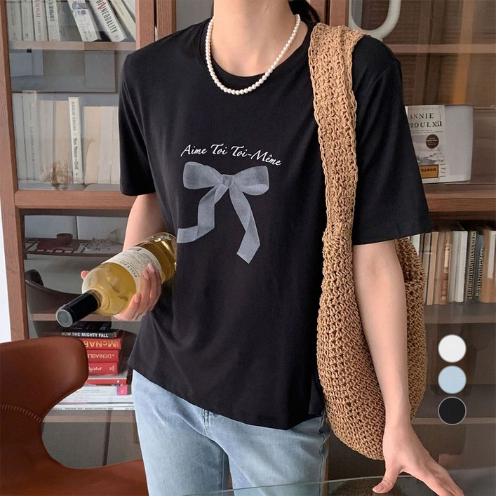 아피나르 여성용 레이온 찰랑 Ribbon 라운드넥 반팔 티셔츠
