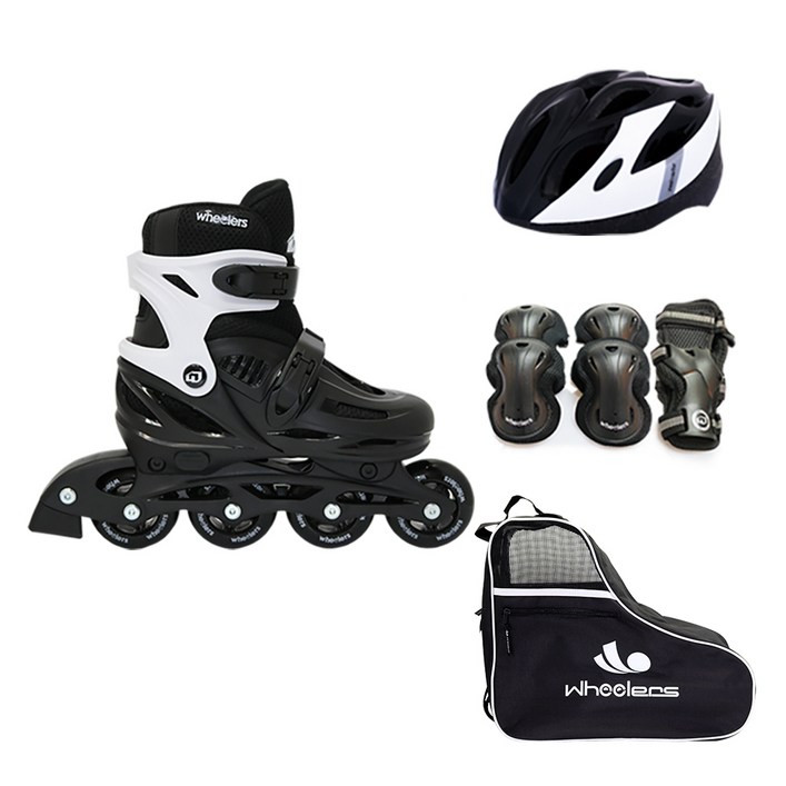 휠러스 아동용 에이스2 인라인스케이트  가방  보호대  헬멧 콤보 세트, 블랙, 1세트