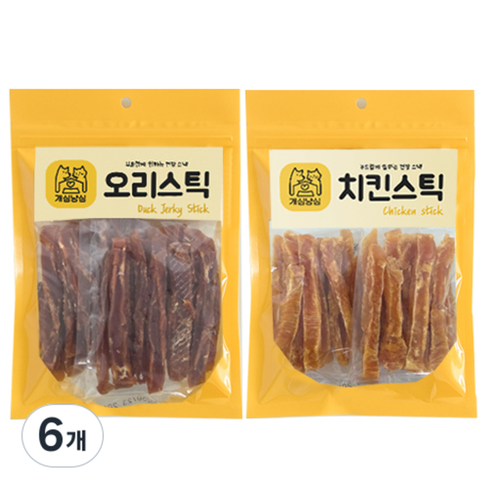 오션웰라이프 개심냥심 강아지 육포 스틱 간식, 160g, 6개, 치킨, 오리