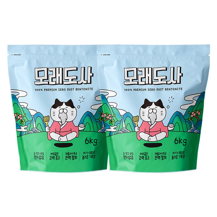 모래도사 프리미엄 제로 더스트 벤토나이트 고양이 모래, 6kg, 2개, 무향