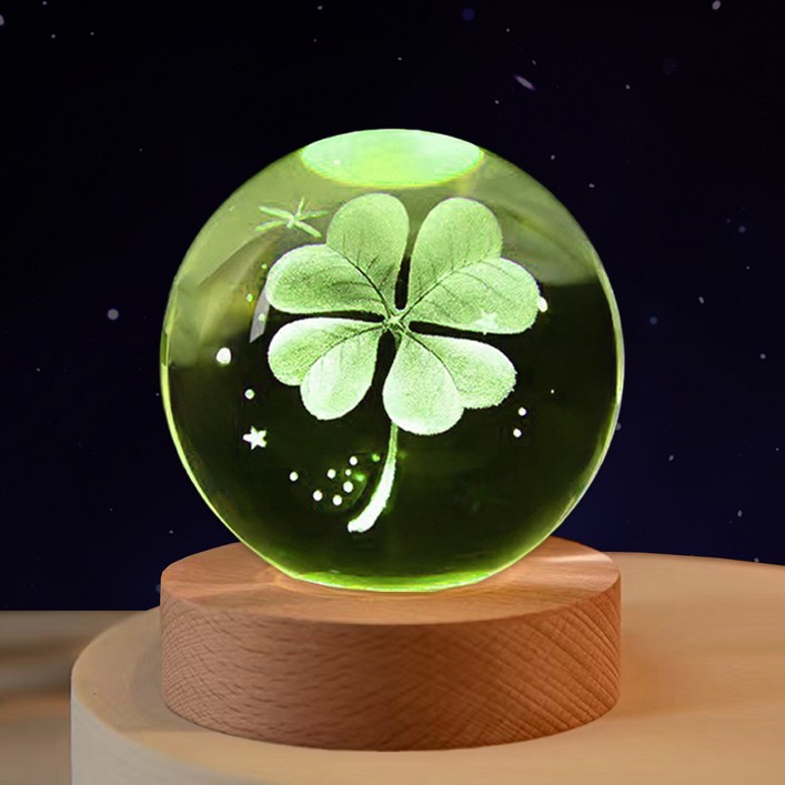 연하 크리스탈구 감성조명 색변환 무드등 8cm + 선물박스, 네잎클로버