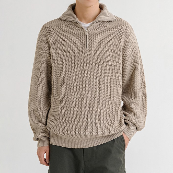 남성용 프리미엄 워셔블 오버핏 카라 반집업 하찌 니트