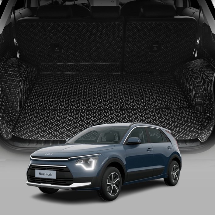 디테일링 우븐블럭 프리미엄 풀커버 트렁크 매트 + 킥매트 + 가죽보호제 세트, 블랙 + 그레이, 디 올 뉴 니로(SG2) 하이브리드