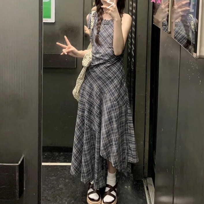 피어니스트 슬림 드레이프 민소매 언발 체크 원피스