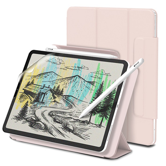 신지모루 마그네틱 폴리오 애플펜슬커버 태블릿PC 케이스  종이질감 액정보호 필름 세트, 핑크 샌드