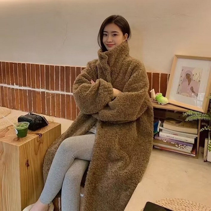 SunburstWonder 여성 인조양털 램스울 코트 퍼 리얼 뽀글이 도톰한 오버핏 롱 코트