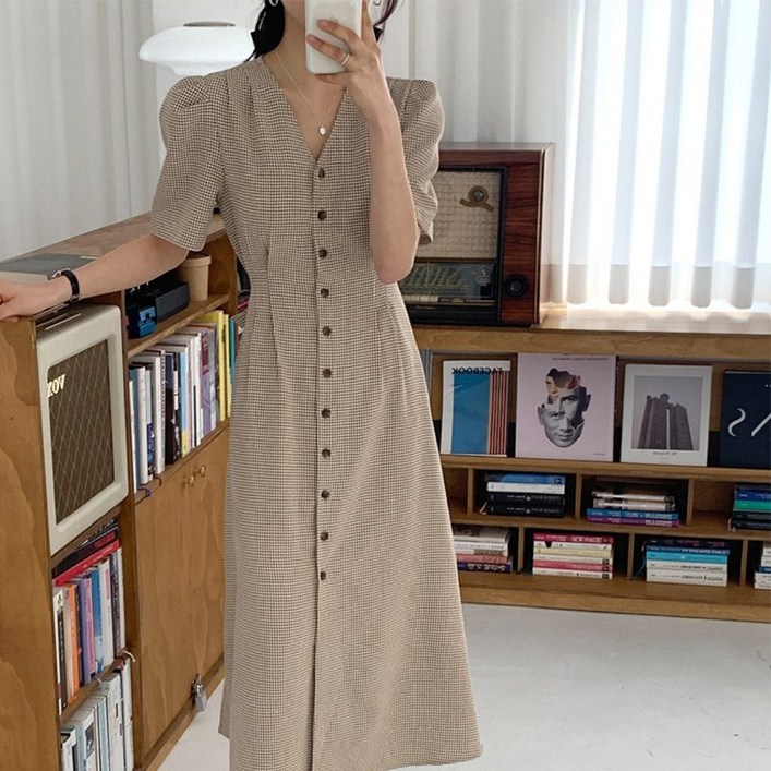 QINYE 복고 여성 브이넥 반팔 홑자락 스트랩 체크 원피스 허리 조임 A라인 원피스