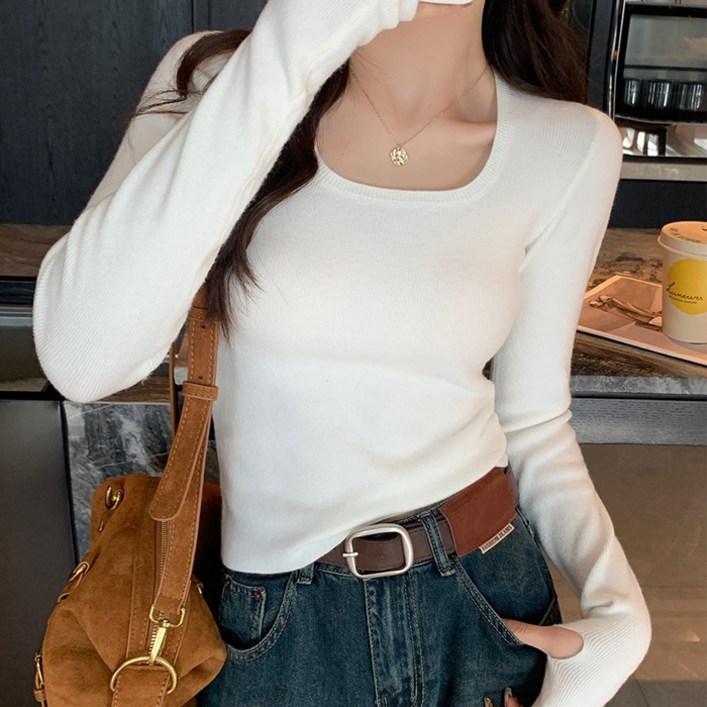 cammello 스퀘어넥 핸드워머 심플 니트 긴팔 니트티