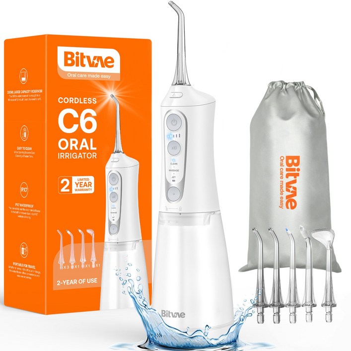 비트베이 C6 휴대용 무선 구강세정기 치간세정기 물칫실 6개노즐팁 2년무상AS, 화이트
