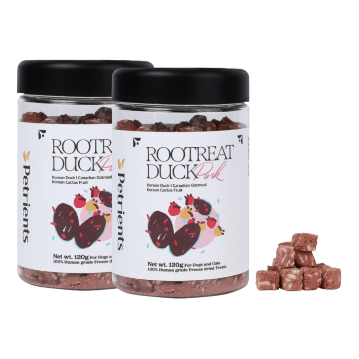 펫트리언츠 반려동물 루트릿덕 오리 동결건조 간식 생 야채 과일 토핑 식이섬유 트릿, 2개, 120g, 핑크 (국내산 백년초)