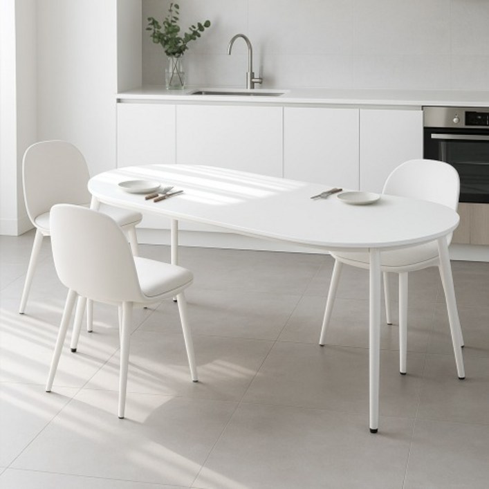 플랫 화이트 타원 카페 테이블 다이닝 원룸 타원형 식탁, 4인용, 화이트타원형