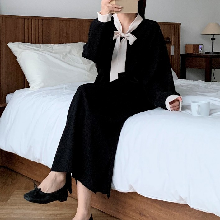 더한땀 빅사이즈 타이 배색 원피스 임산부 하객룩