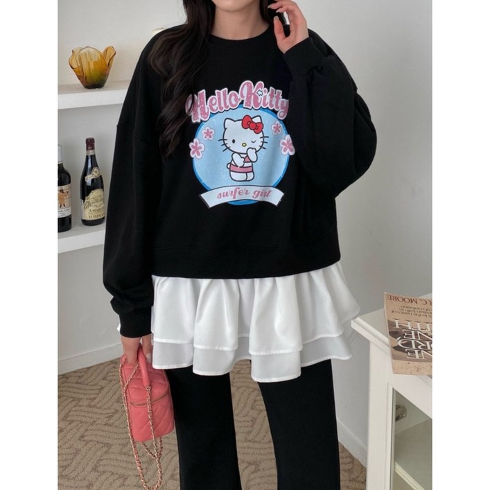 헬로키티 서퍼걸 루즈핏 밑단 프릴 레이어드 오버핏 맨투맨 티셔츠