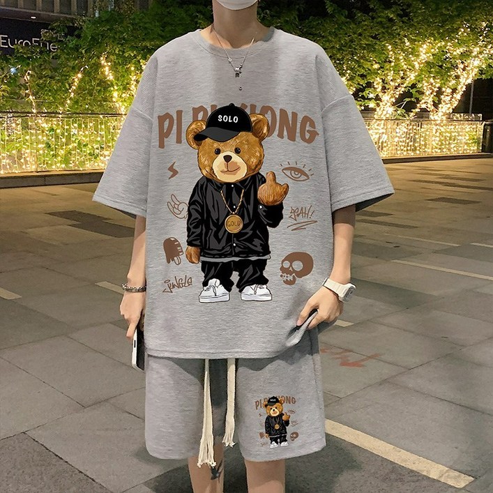 ASURE 여름 남여공용 빅사이즈 곰돌이 티셔츠 반팔 상하세트 여름 트레이닝복 세트