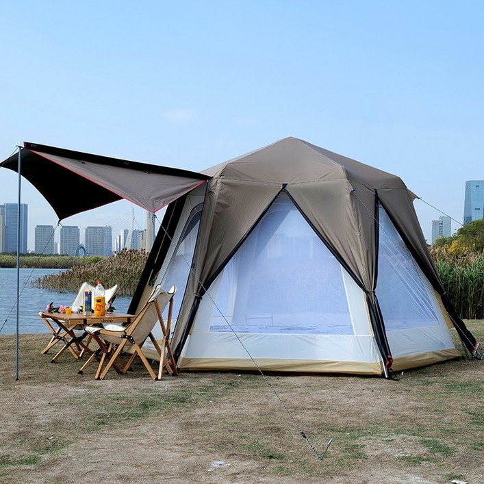 Zebeer 초대형 원터치 텐트 이중 방수 캠핑용 패밀리텐트 육각 돔텐트 4-8인용, 샴페인 커피