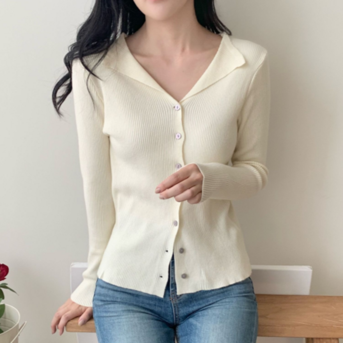 MHJINA 여성 간절기 여리한 슬림핏 브이넥 카라 골지 버튼 니트 가디건