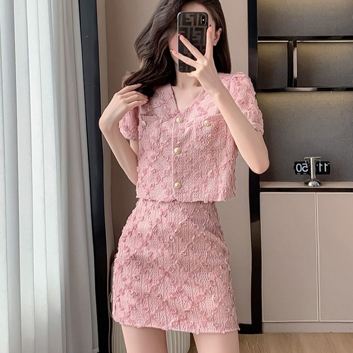 프렌치 여자 하객룩 세트 빅사이즈 브이넥 반팔 트위드 자켓  미니 스커트 여름 여성 투피스 치마 세트 YSQ