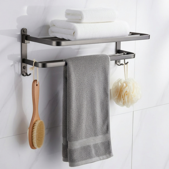 한평한뼘 무타공 고급형 2단 수건 걸이, 1개, 그레이