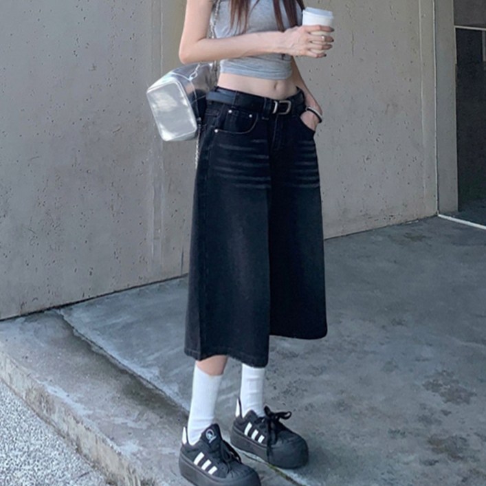 대박난박양 블랙 6부 버뮤다 데님팬츠